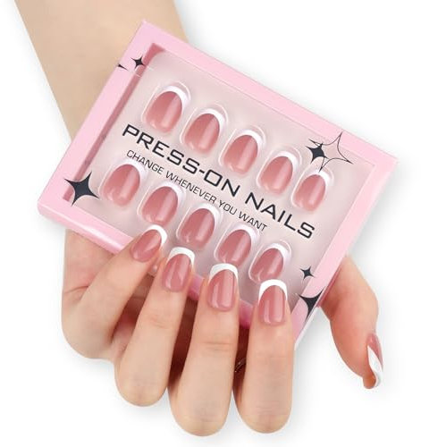 French False Nails Short Square Press on Nails with Glue 30pcs French Tip Stick On Nails Fake Nail Long Lasting Gift for Women Girls (Nude Short Square, 30pcs)