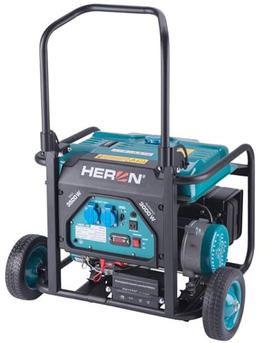 Heron Stromgenerator Benzin I 3,5 kW I Stromerzeuger mit 18L Tank, Fahrgestell & Elektrostarter I Mit zwei 16A 230V & einer 12V/8,3A DC-Steckdose I mobiles Stromaggregat mit AVR-System