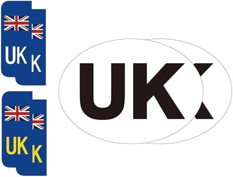 EVOGES UK Self Adhesive Vinyl Stickers for Cars, Vans, Vehicles Driving in EU Europe, New 2021 Regulations, Set of 6: (2x Oval, 4x Number Plate Stickers)