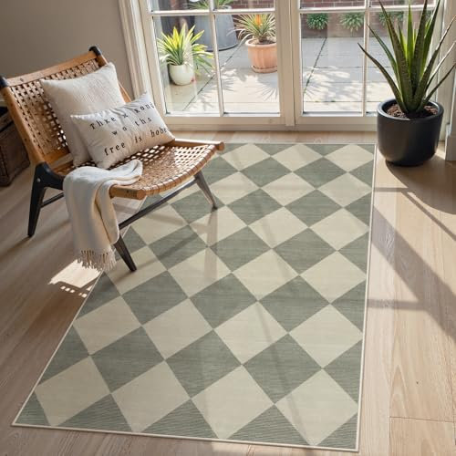 Beeiva Checkered Print Bedroom Area Rug 3x5, Non Slip Ultra Thin Washable Entryway Rug Low Pile Soft Bathroom Rugs Green, Moroccan Farmhouse Trellis Throw Rugs for Kitchen Office Kids Room