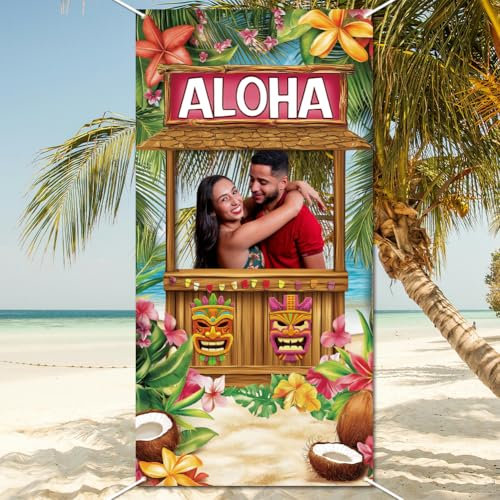 WADORN Luau Foto Türbanner Hawaiianische Aloha Party Dekoration Großer Stoff Tiki Bar Fotoautomaten Hintergrund Hawaiianisches Party Banner Tropischer Strand Foto Requisite Für Strandparty 90x180cm