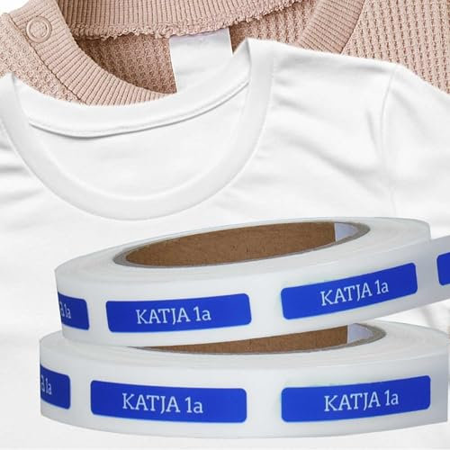 Kiwistar - 100 Namensschilder für Kleidung Rolle 6x1 cm - blau - Namensaufkleber Kinder Schule zum aufbügeln mit Bügeleisen - Wäscheetiketten zum aufbügeln - Wunschtext waschmaschinenfest