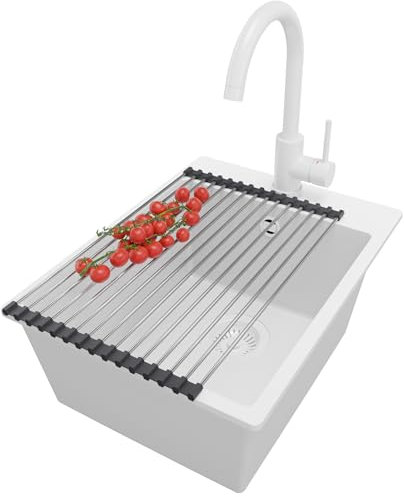 PRIMAGRAN Fregadero Granito Todo Blanco 38x50cm, Cocina 1 Seno + Grifo 32x20cm + Sifón + Enrollable Escurridor, Sobre encimera al mueble 40cm - Riga