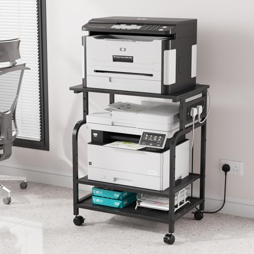 OYRREU 3-stufiger Druckertisch mit Steckdose und USB-Anschlüssen, verstellbare Einlegeböden, rollender Druckerständer für das Heimbüro, 3D-/Laserdrucker, Heißpresse (Schwarz)