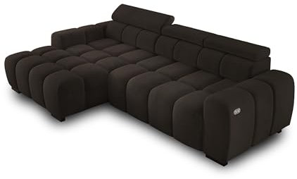 Ecksofa BULL 285x168x77/97 cm, Linke Seite Mit Schlaffunktion, Elektrisch Ausziehbarer Sitzfläche, Verstellbaren Kopfstützen, Dunklen Buchenholzfüßen, Hydrophobem SALVADOR-Bezugstoff - Olivgrün