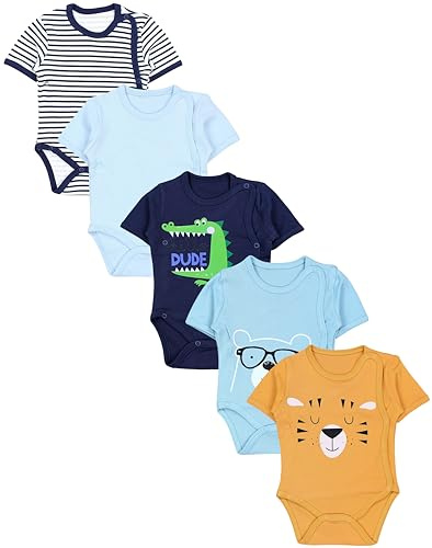 TupTam Baby Body Kurzarm Jungen – Wickelbody Kurzarm aus Baumwolle im 5er Set – OEKO-TEX Zertifiziert, Farbe: Krokodil Bär Brille Löwe Streifen Blau Hellblau Uni, Größe: 68