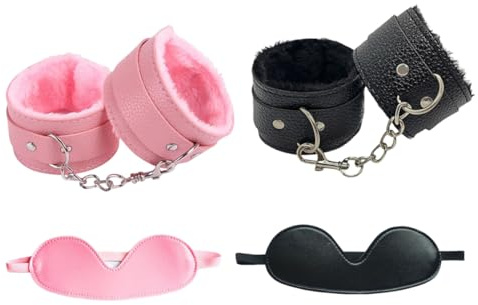 KQOZG 2 Paia Manette e Maschera per Occhi Set, Manette in Pelle per Cosplay, Accessori per Feste, Sexy ed Erotiche, Kit per Coppia, Regali di San Valentino (Rosa e Nero)