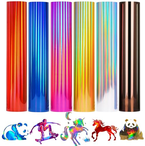 Holographic Heat Transfer Vinyl 6 Pack PU Metallic HTV Vinyl Rainbow Iron On Vinyl Heat Press Design for T-Shirt Chameleon HTV Vinyl Easy Cut & Weed