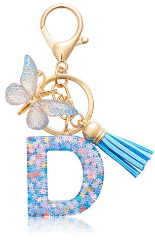 CHUQING Porte clé femme Lettre Papillon et Pompon | Porte Clef Femme Lettre Initiale en Résine avec Papillon et Mini Pompon