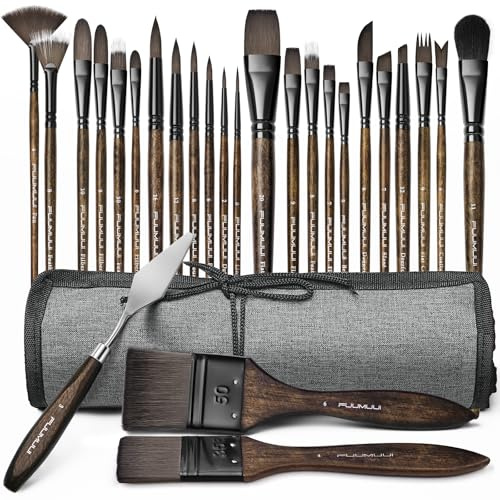 Fuumuui 26pcs Professional Paint Brush Set - High-Grade Series Synthetic Nylon Paint Brushes for Landscape, Acrylic, Oil, Watercolor, Gouache - Multi-Functional Universal Free Style for Art Supplies