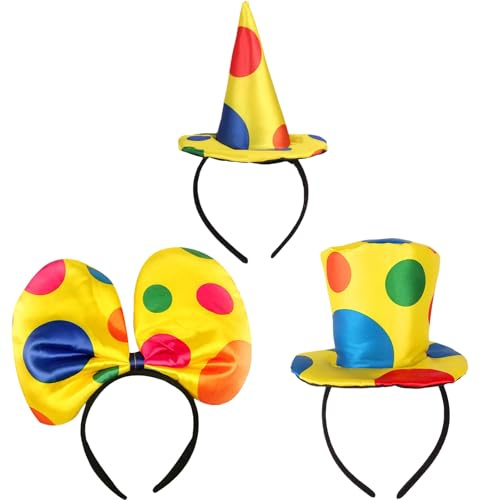 GWAWG 3 Stück Clown Hut Kopfband, Jumbo Polka Dots Headwear, Bowknot Headdress Haarband, Jester Kopfband, Clown Top Hut Kopfband