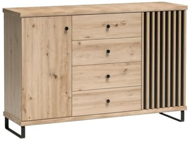 Masseno Kommode ALMERIA 142,1 cm Sideboard mit 4 Schubladen und 1 Türen für Wohnzimmer Schlafzimmer Modern 142,1x40,6x85,4 cm Eiche Artisan
