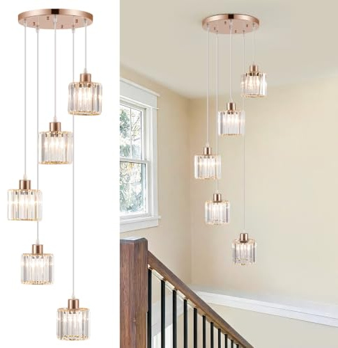 LXWNYY 5 lumières Lustre cristal Suspendu Moderne 60W Hauteur Ajustable | Suspension Longue Finition Dorée avec Verres Boules,E27 Luminaire Adapté pour Plafonds Hauts,escalier,Hall D'entrée,Salon