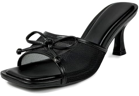 MISSCAI Mules Femme Été Bout Ouvert avec Nœud Sandales Femme Élégantes à Talon 7,5 cm Sandales Chic Bout Carré en Résille Chaussures Femme Mariage Soirée Cérémonie Noir 38