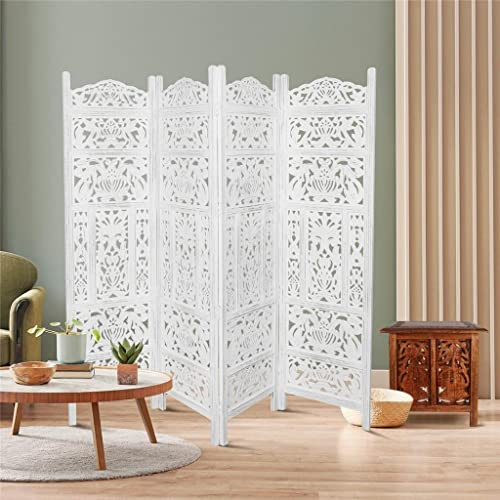 Topfurnishing 4 Panel Room Divider Free Standing Mango Wood Hand Carved Folding Screen Partition Privacy Screen Decorative Headboard (Leaves Design, White, 200 x 180 cm)