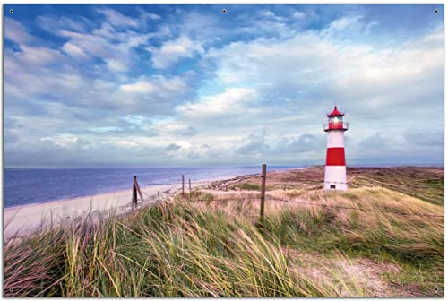 Wallario Outdoor-Poster für Garten oder Balkon Leuchtturm am Strand von Sylt, Motivbanner Größe: ca. 60 x 90 cm, Outdoor-Bild