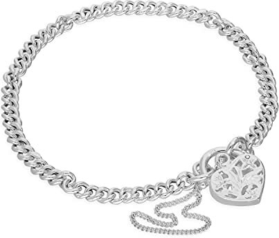 jewellerybox Sterling Silver Curb Chain Charm Bracelet with Heart Padlock 6 Inches