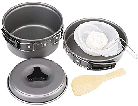MYMM 8 pièces de randonnée, Batterie de Cuisine, randonnée, Cuisine, Pique-Nique, Bol, Casserole, Ensemble de casseroles et Sac en Filet, Camping, Survie, Plein air,Excursion (1-2 Personnes)