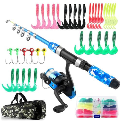 Kids Fishing Pole Set Fishing Rod and Reel Combos,Ultralight Telescopic Fishing Rod+Spinning Reel+Lure Baits+Fishing Line with Camo Bag for Boys Girls Youth Freshwater Saltwater