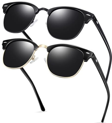 KANASTAL 2er Pack Sonnenbrille Herren und Damen Polarisiert Retro Klassische Halbrahmen Sonnenbrille mit Metallrahmen UV400 Schutz, Glänzend Schwarz Rahmen und Matt Schwarz Rahmen