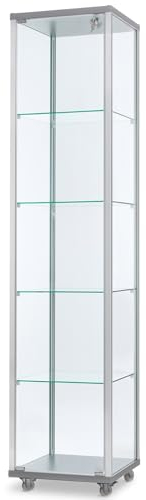 MHN Glasvitrine mit Rollen T 41,7 x B 41,7 x H 183 cm - schmale Ausstellungs-Vitrine abschließbar - hoher Glas-Vitrinenschrank ohne Beleuchtung