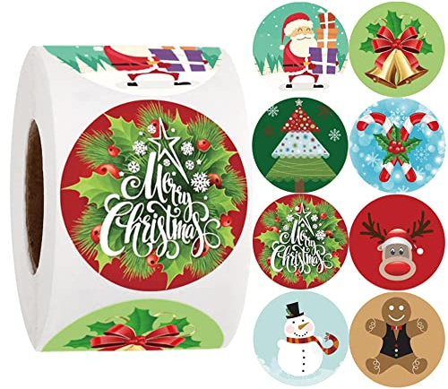 500 Stück Frohe Weihnachten Aufkleber Etiketten Rolle 3,8 cm 8 Designs Runde Weihnachtsanhänger 2024 Neue selbstklebende Weihnachtsumschläge Aufkleber für Karten, Geschenkumschläge, Boxen (3,8 cm)