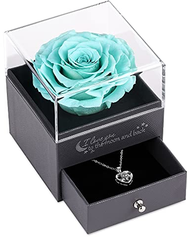 Echte Rose mit Ich Liebe Dich Halskette in 100 Sprachen Geschenke für ihre Mutter Frauen Frau Geschenk für Freundin Geburtstag, (T-Blau)