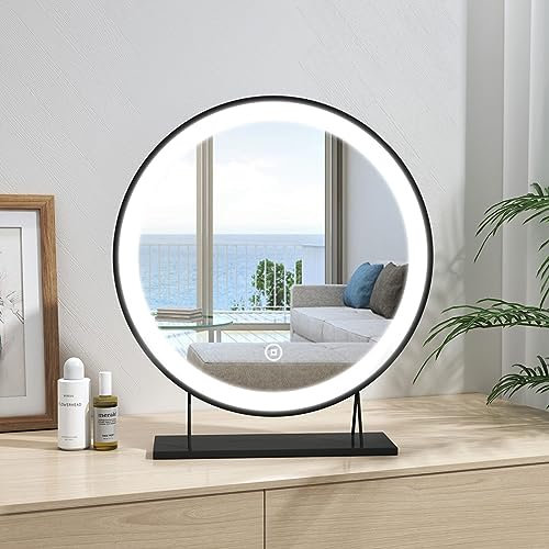 Heilmetz LED Round Hollywood Makeup Mirror, LED Vanity Mirror Touch Dimmable Table Makeup Mirror 3 Colours Lighting, Black, ф400 mm