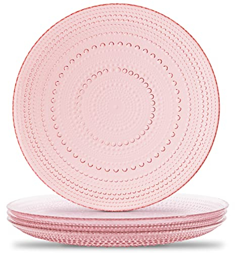 Yungala Lot de 4 assiettes en verre rose de 26,7 cm, assiettes vintage avec verres roses assortis pour pendaison de crémaillère, Thanksgiving, Pâques