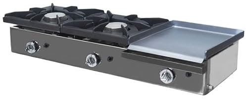 MBH - Cocina a gas profesional con 2 fogones y 1 plancha laminada 40 x 40 a la izquierda para cocina industrial de bar, restaurante y hostelería.