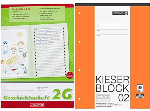 Brunnen 104499102 Geschichtenheft Klasse 2 (A4, 16 Blatt, Lineatur 2G) & 1042942 KIESER-Block Lineatur 2 (A4, 50 Blatt, gelocht, 80 g/m², Klasse 2, Weiß)