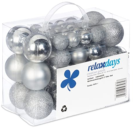 Relaxdays Weihnachtskugeln 50er Set, glitzernde, Matte & glänzende Christbaumkugeln, Kunststoff, ∅ 3, 4 & 6 cm, Silber