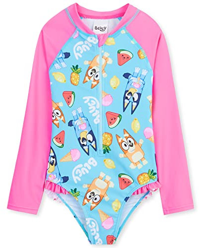 Bluey Girls Swimming Costume Long Sleeve Swimsuit or One Piece or Rash Guard Set for Kids Toddlers Swimwear for Pool Beach Holiday Essentials (3-4 Years, Pink/Blue)