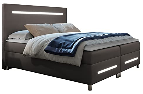 Mirjan24 Boxspringbett Saziro mit LED-Beleuchtung Bett mit Kopfteil für Schlafzimmer Continentalbett Doppelbett mit 2 Bettkästen Matratze + Topper Polsterbett Bettgestell (Soft 029, 140 x 200 cm)