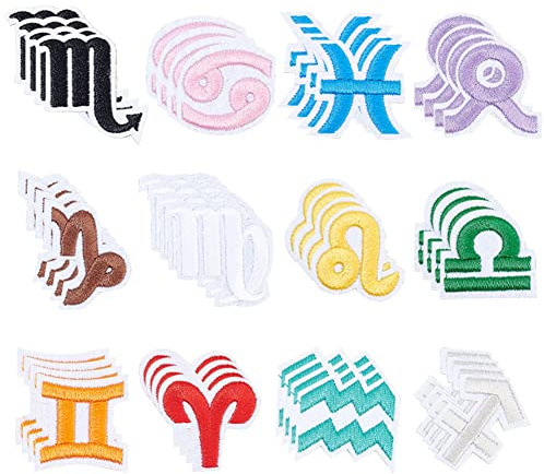 FINGERINSPIRE 48 Stück Sternzeichen Applique Bügeln auf/nähen auf Patch Applique 12 Konstellationen bestickt Stoff Patches dekorative DIY Patches für Tasche Kleidung Kleid Hut Jeans Schuhe