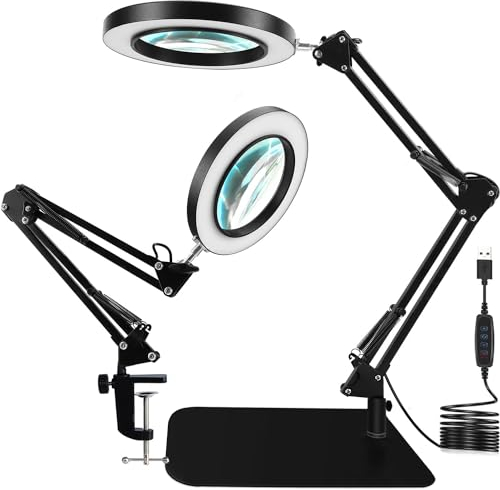 MILIEUR 10x Vergrößerungsglas mit Licht und Ständer, 2 in 1 Klemm Flex Lupe Licht, Verstellbarer Schwenkarm, 3 Farbmodi LED-Lupe Schreibtischlampe zum Lesen Handwerk Reparatur Werkbank (Schwarz)