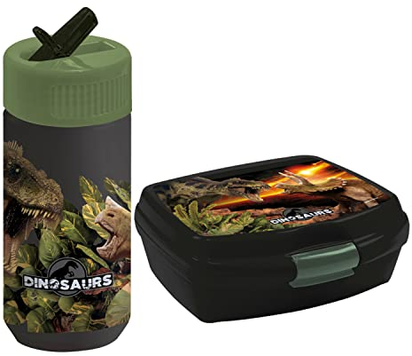 Goldkids Dinosaurier Dino Brotdose 17 x 14 x 6 cm Kinder Lunchbox Brotzeitdose Brotkasten für Frühstück Box Trinkflasche Schule Freizeit Kunststoff-Box inkl leuchtender Anhänger