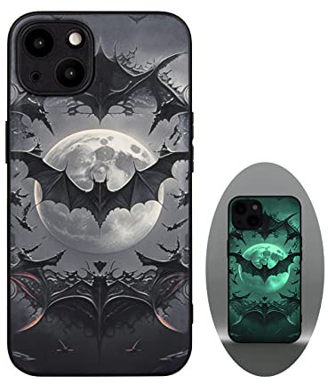 X spirit Halloween Goth Bat Phone Case for iPhone 13, Gothic Spooky Edgy Emo Design, Moon and Bat, Nightmare Before Christmas, Glow in The Dark, Leather Finish (iPh 13-Moon&Bat)
