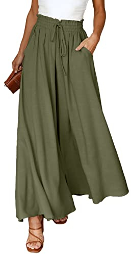 Dokotoo Sommerhose Damen Leicht Palazzo Hose Elegant Sommer High Waist Baggy Leinenhose Freizeithose Baumwolle Leinen Weite Hosen mit Taschen Kordelzug Elastisch Einfarbig Stoffhose Grün L
