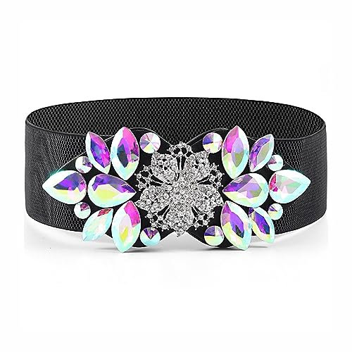 Bohend Flor de diamantes de imitación Cinturón elástico Ancho Cristal cinturón elástico Cinturones de cincha para vestido Antiguo Cinturón para mujeres y damas (L, A)