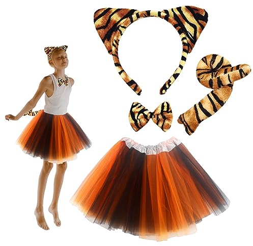 SKHAOVS 4 Stück Tiger Kostüm Set,Tigerohren Kopfschmuck Schwanz Schleife Tutu Set,Tierkostüm Kostüm,für Kinder Erwachsene Tierkostüm Set Zubehör Cosplay Halloween (Tiger Kostüm)