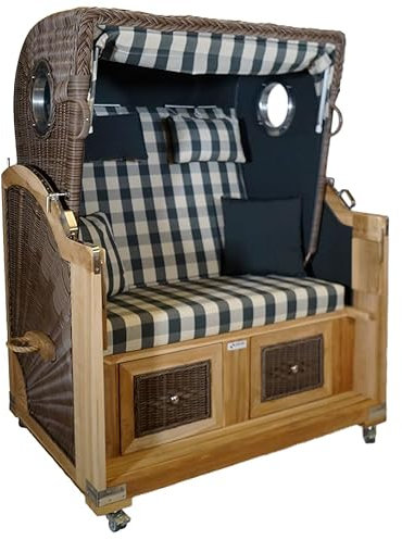 Strandkorb Teak Koboo, grau Streifenkaro Stoff, 2 Sitzer Voll-Liegemodell