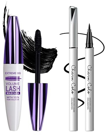 Schwarz 5D Bunt Wimperntusche & Flüssiger Eyeliner, Volume & Curl Mascara, Glatter Schnelltrocknender Eyeliner, Langanhaltend & Wasserfest, Hochpigmentierte Augen-Makeup Set, Geschenk für Frauentag