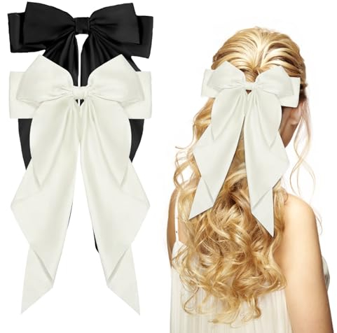 ACWOO Fermaglio per Capelli Con Fiocco, 2 Pezzi Mollette con Fiocco Coda Lunga Forcine per Donna, Fermagli per Capelli in Raso Setoso Morbido Clip Per Festa di Natale Signore Ragazze (Nero+Bianco)
