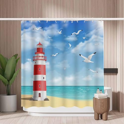 Woutay Shower Curtain Mould Proof Resistant Lighthouses on The Beach,Water Repellant Fabric,Polyester,with 12 Plastic Hooks