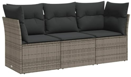 vidaXL Garten Sofagarnitur mit Kissen 3-TLG., Gartensofa mit modularem Design, Sitzgruppe für Terrasse Garten, Gartenmöbel, Modern, Grau Poly Rattan