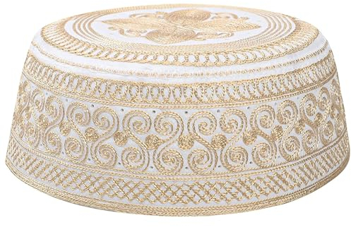 HIQIU Herren Muslimisch Islamischer Gebet Kufi Hut Arabisch Indianerhut Beanie Kappe Stickerei Flacher Gebetshut (DE/NL/SE/PL, Numerisch, 56, 58, Gelb)