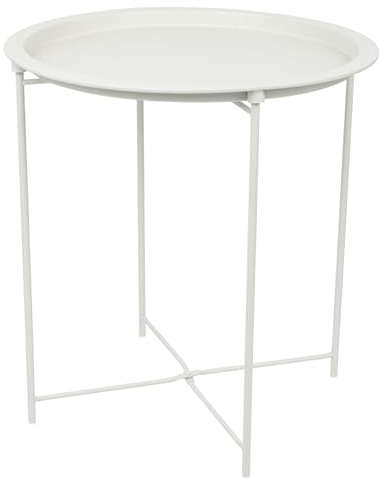 Harbour Housewares Round Tray Table with Removable Tray - Pack of 1 - Matte White Steel Bed Side Table Raised Lip Serving Dish Compact Collapsible Folding Stand for Bedroom, Home and Office