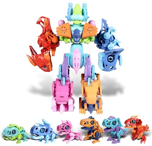 Baeroly 6-in-1 Transformierbarer Roboter Dinosaurier Aktionsfigur Spielzeug - Austauschbare Dinosaurier-/Fahrzeugmodelle, Roboter-Kombispielzeug für Jungen und Mädchen im Alter von 5-9 Jahren