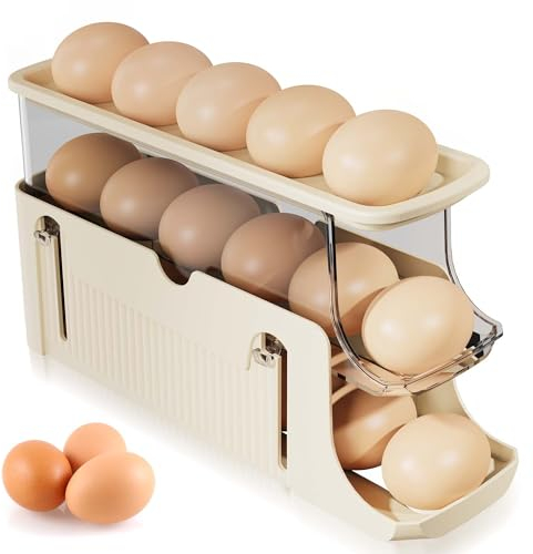 GUOMIS Organizador huevos nevera,Dispensador de huevos,Hueveras para Frigorífico,3 pisos para 17 huevos, ahorra espacio (beige)